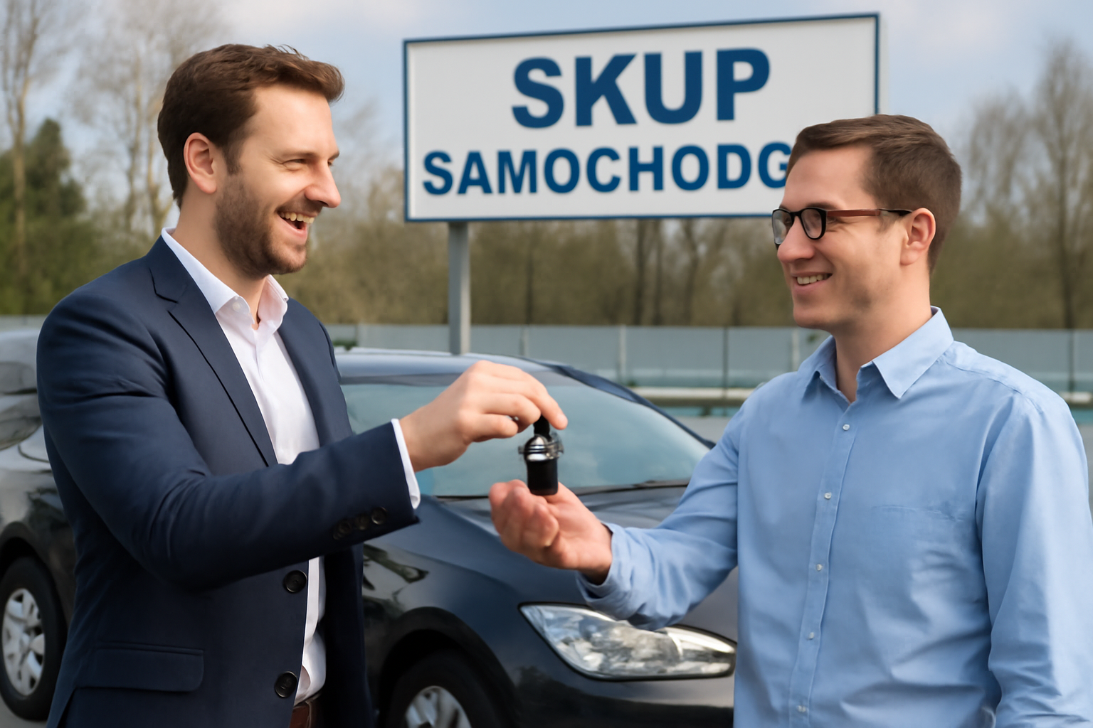 Sprzedawca przekazuje kluczyki pracownikowi skupu samochodów na parkingu, szyld Skup Samochodów, szybka sprzedaż auta w Warszawie