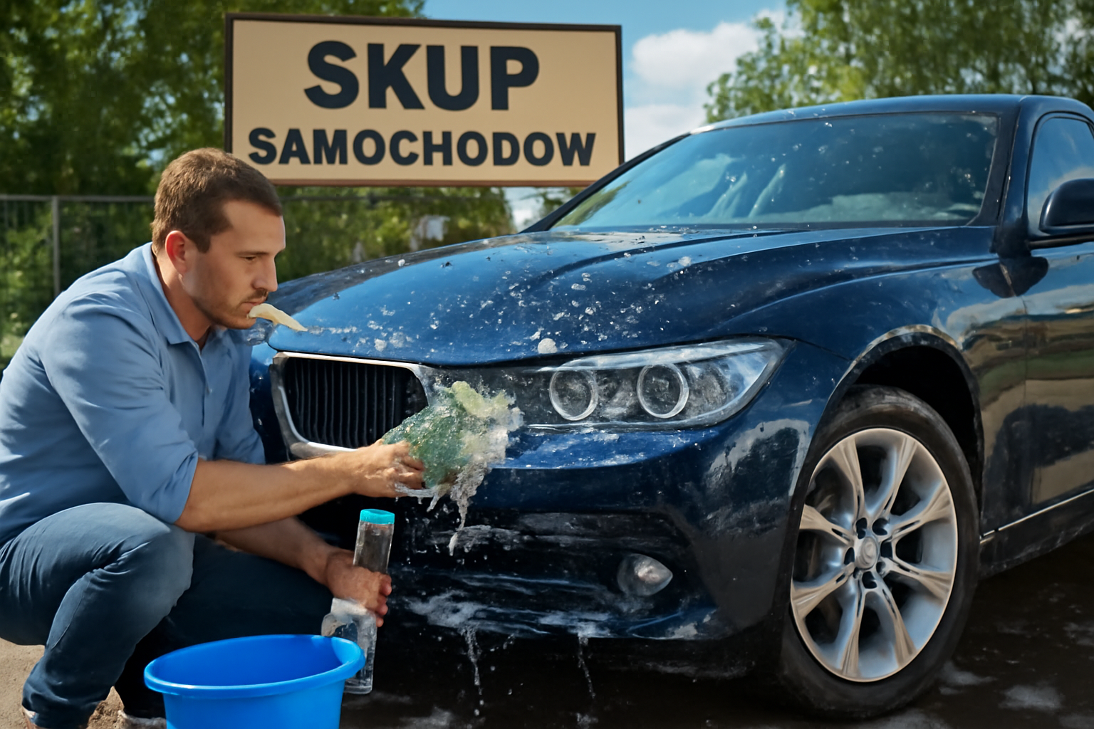 Fotorealistyczna scena: sprzedawca przekazuje kluczyki zadowolonemu klientowi przy samochodzie na parkingu, w tle szyld Skup Samochodów