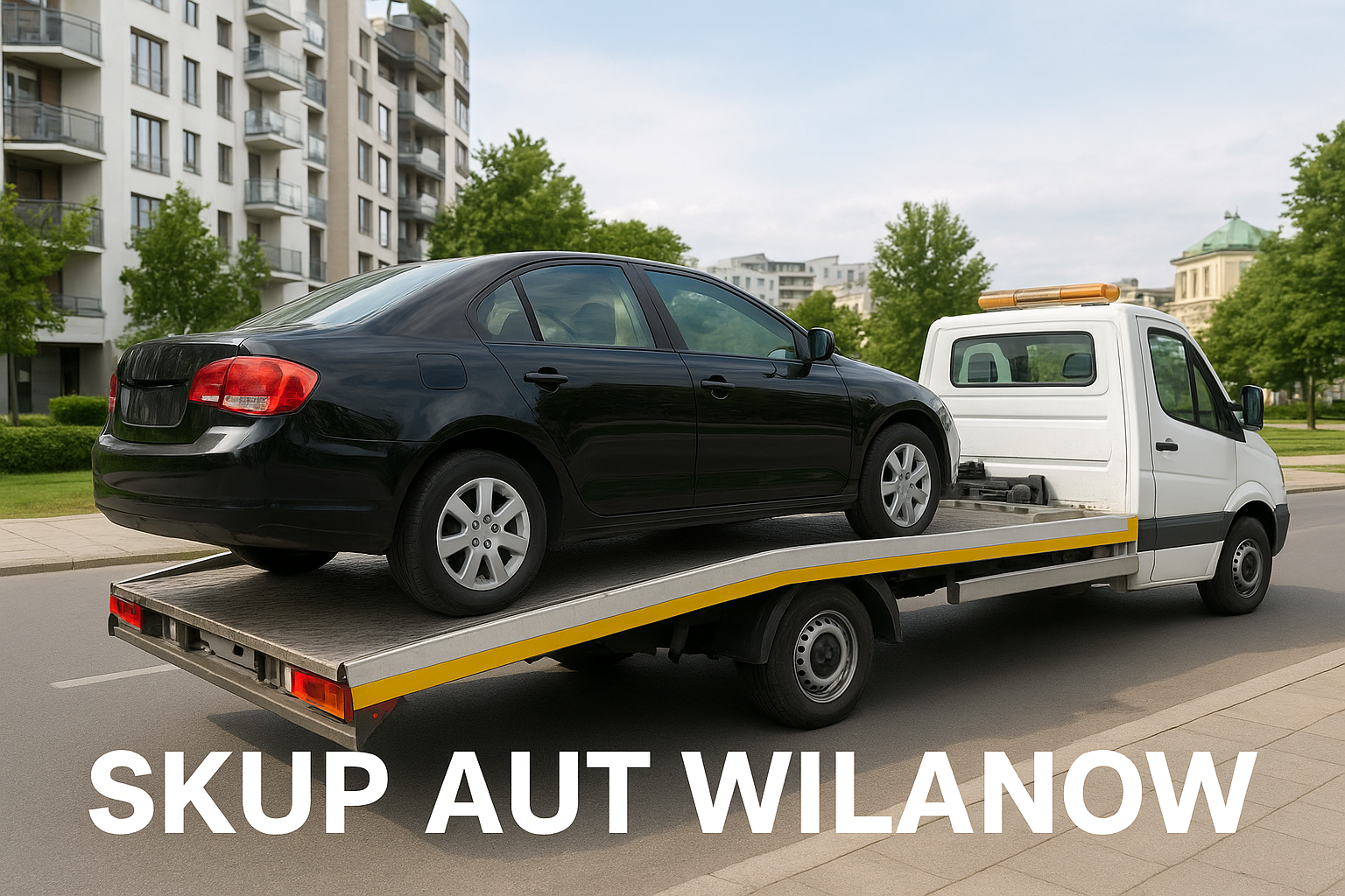 Czarne auto osobowe ładowane na lawetę przez Skup Aut Wilanów w Warszawie