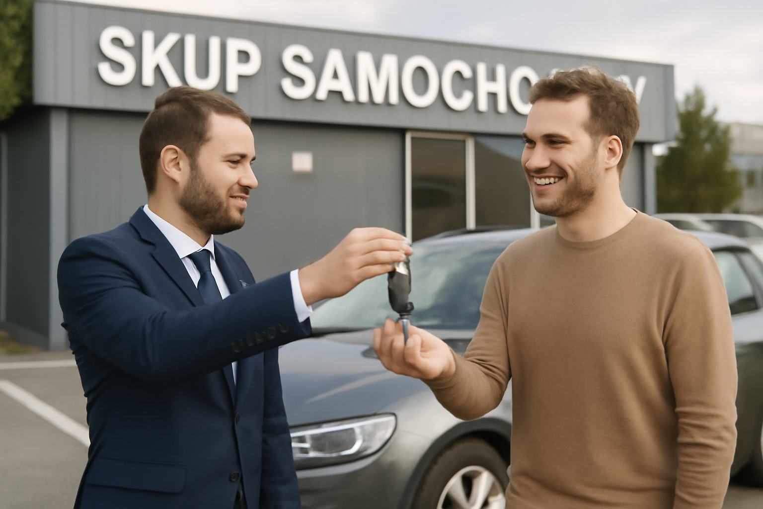 Fotorealistyczna scena: sprzedawca przekazuje kluczyki zadowolonemu klientowi przy samochodzie na parkingu, w tle szyld Skup Samochodów