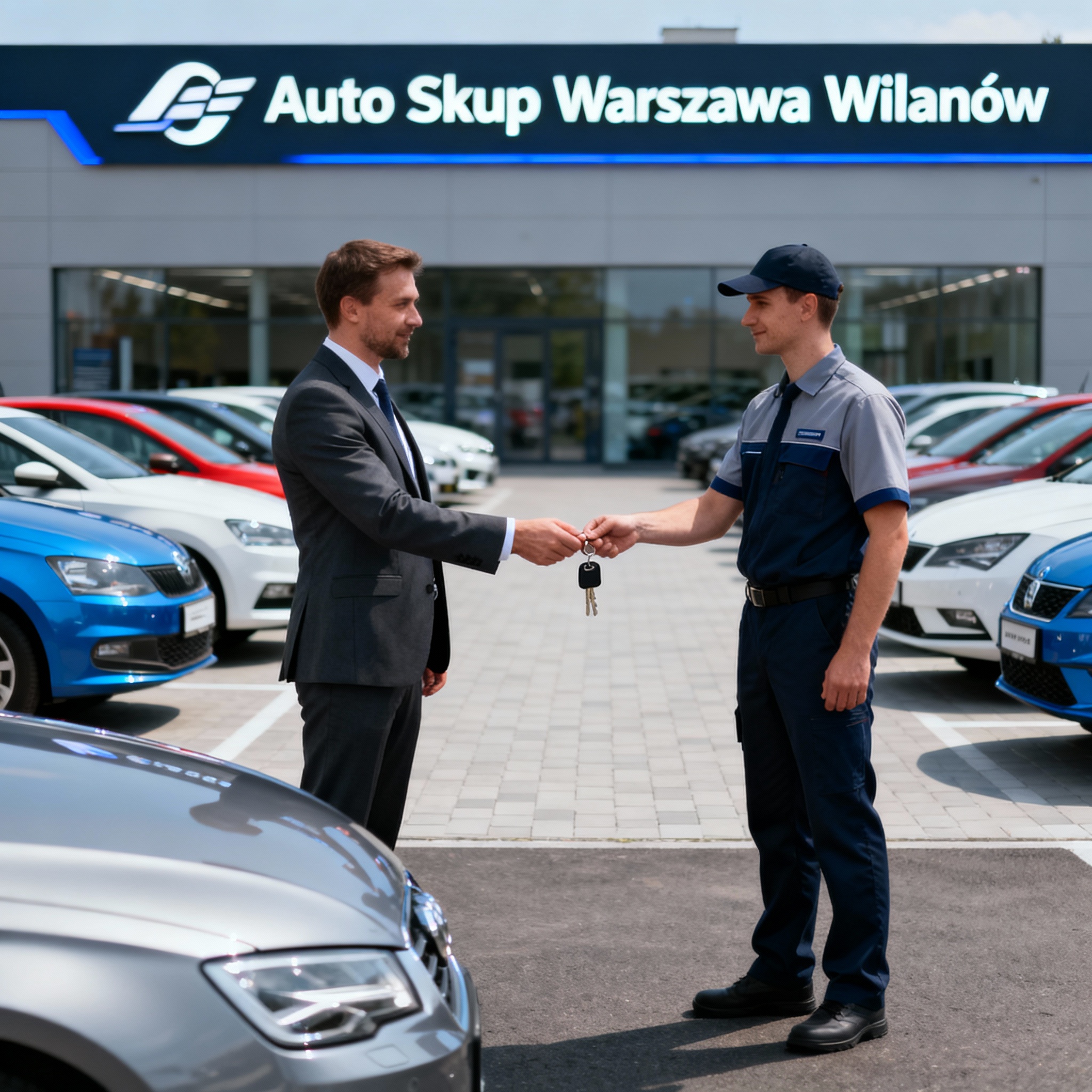 Sprzedający przekazuje kluczyki pracownikowi Auto Skupu Warszawa Wilanów na placu z samochodami w tle.