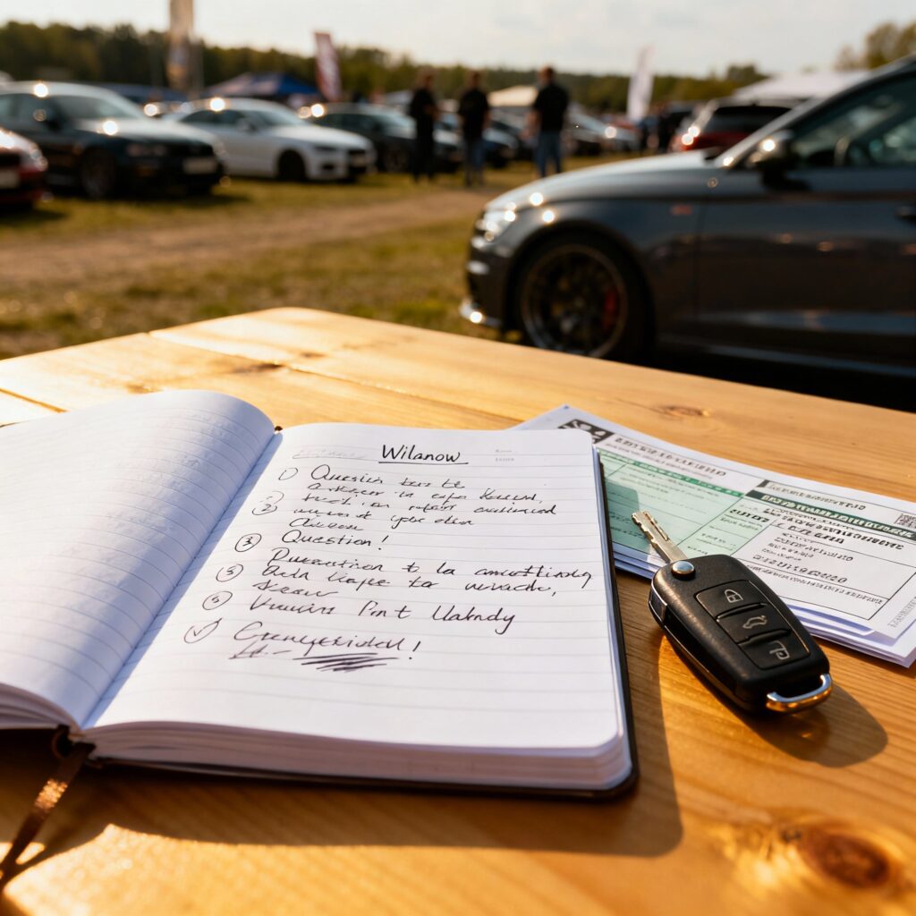 Notatnik z zapisanymi pytaniami i odpowiedziami leży na biurku obok kluczyków samochodu i dokumentów pojazdu, symbolizując proces udzielania informacji klientom auto skupu w Warszawie-Wilanowie.