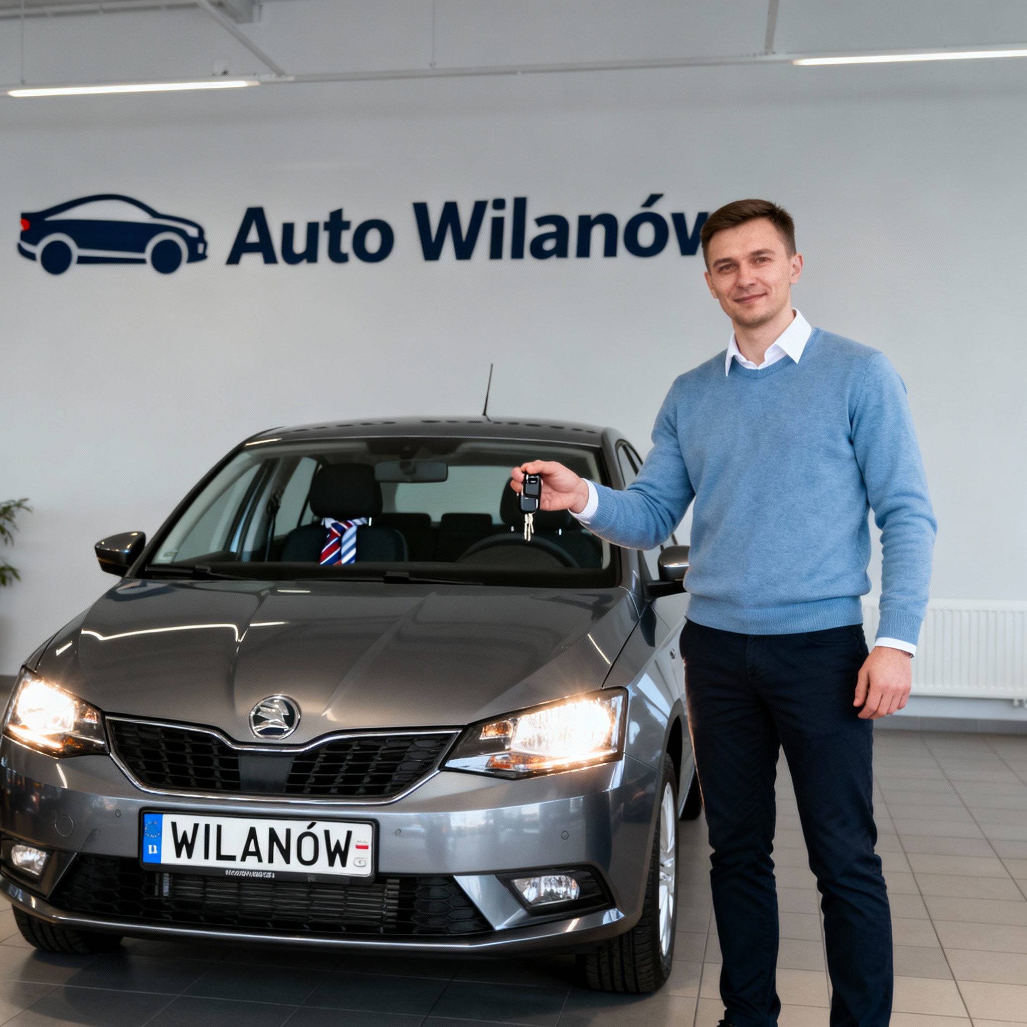 Pracownik przekazuje kluczyki do samochodu podczas sprzedaży auta w skupie w Warszawie-Wilanowie, w tle widoczna nowoczesna zabudowa miejska.