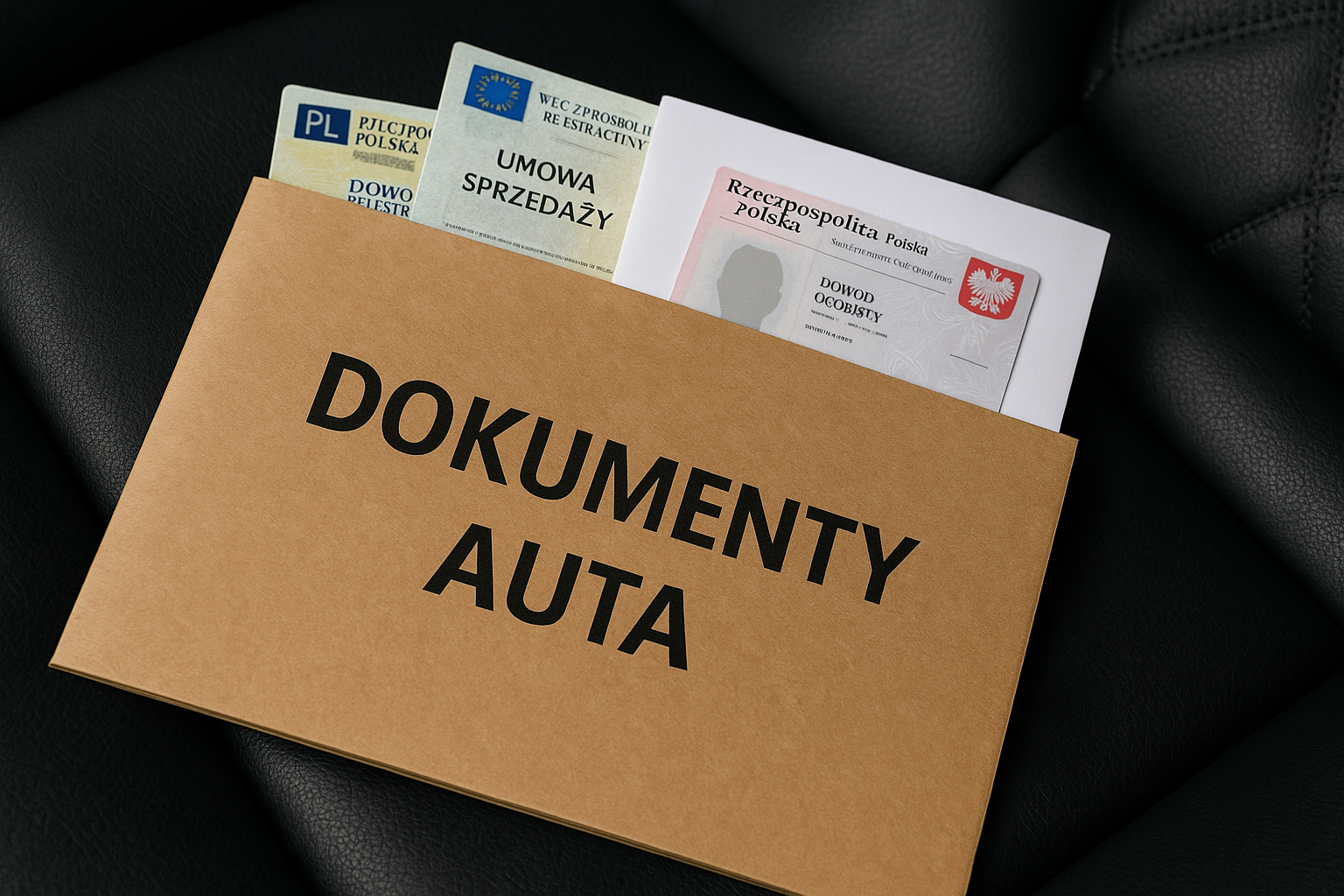 Brązowa teczka z napisem „DOKUMENTY AUTA” leży na czarnej, skórzanej tapicerce samochodu. Z teczki wystają dokumenty potrzebne do sprzedaży auta w auto skupie – dowód rejestracyjny, umowa sprzedaży i dowód osobisty.
