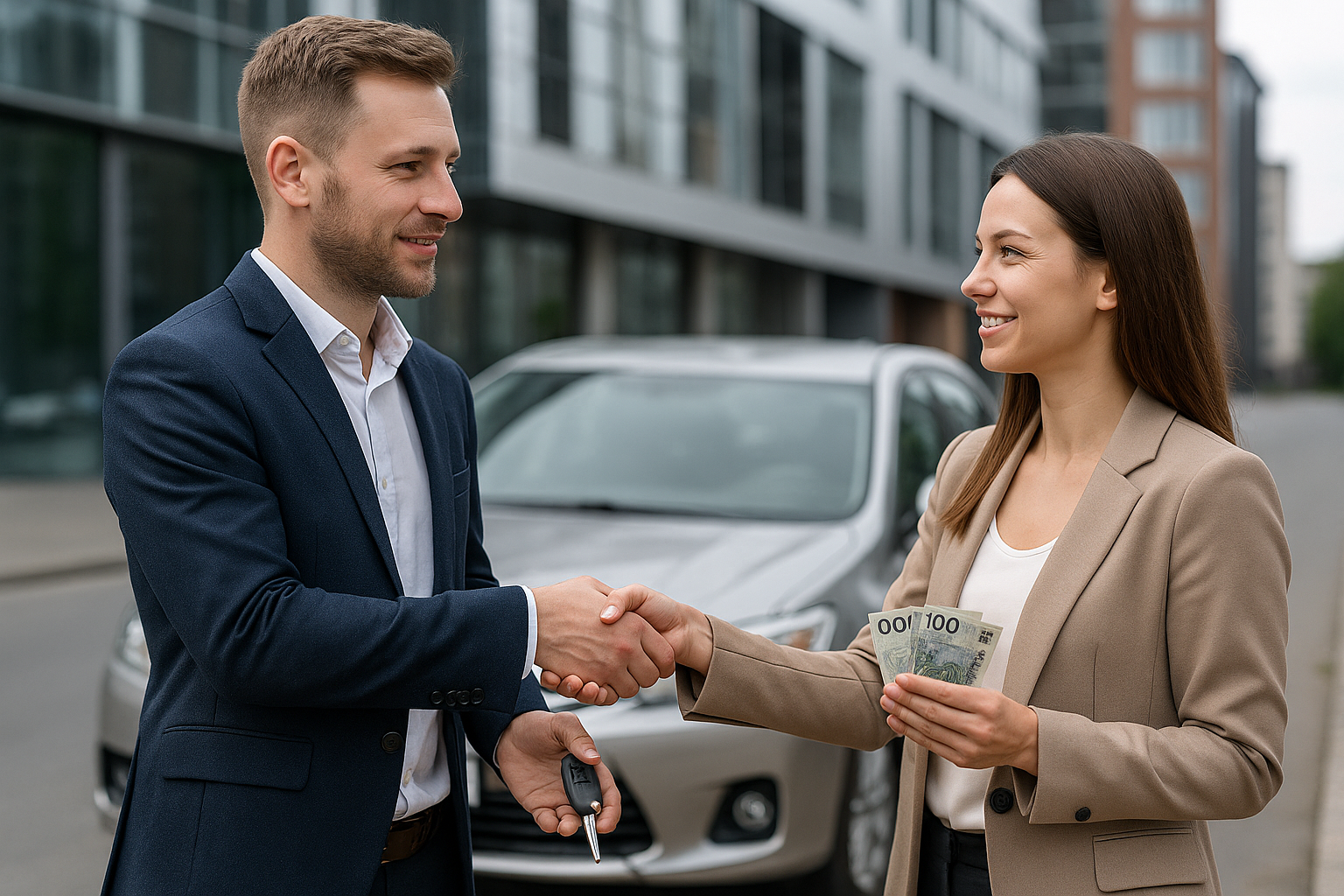Klient przekazuje kluczyki w skupie samochodów w Warszawie – Auto Skup Warszawa Wilanów. Szybka i legalna sprzedaż auta za gotówkę, profesjonalna obsługa i pełne formalności.