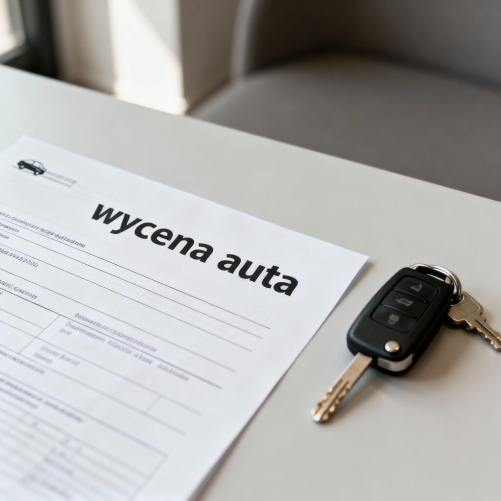 Grafika przedstawiająca kartkę z napisem „wycena auta” i kluczyki samochodowe symbolizujące proces wyceny w skupie aut Warszawa.

