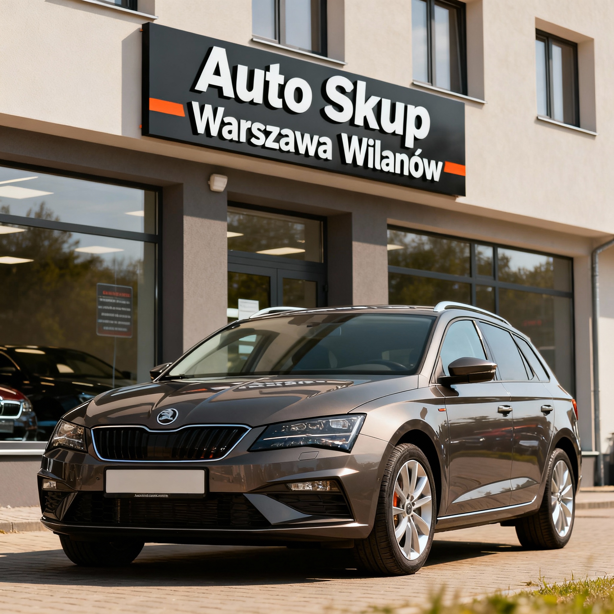 Samochód pod lokalnym skupem aut w Warszawie Wilanowie, znak „Auto Skup Warszawa Wilanów” na budynku, szybka sprzedaż auta, gotówka za auto, legalny skup aut w Warszawie.