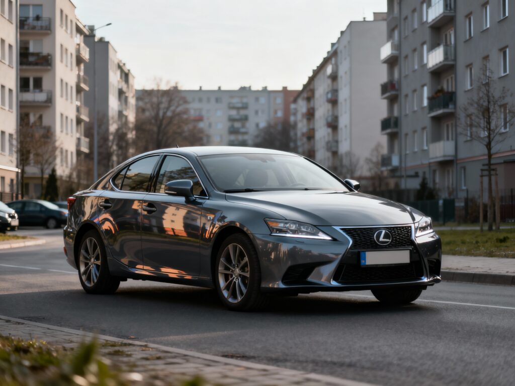 Samochód poleasingowy zaparkowany na tle nowoczesnych bloków mieszkalnych w Warszawie, jasny dzień, brak ludzi w kadrze.