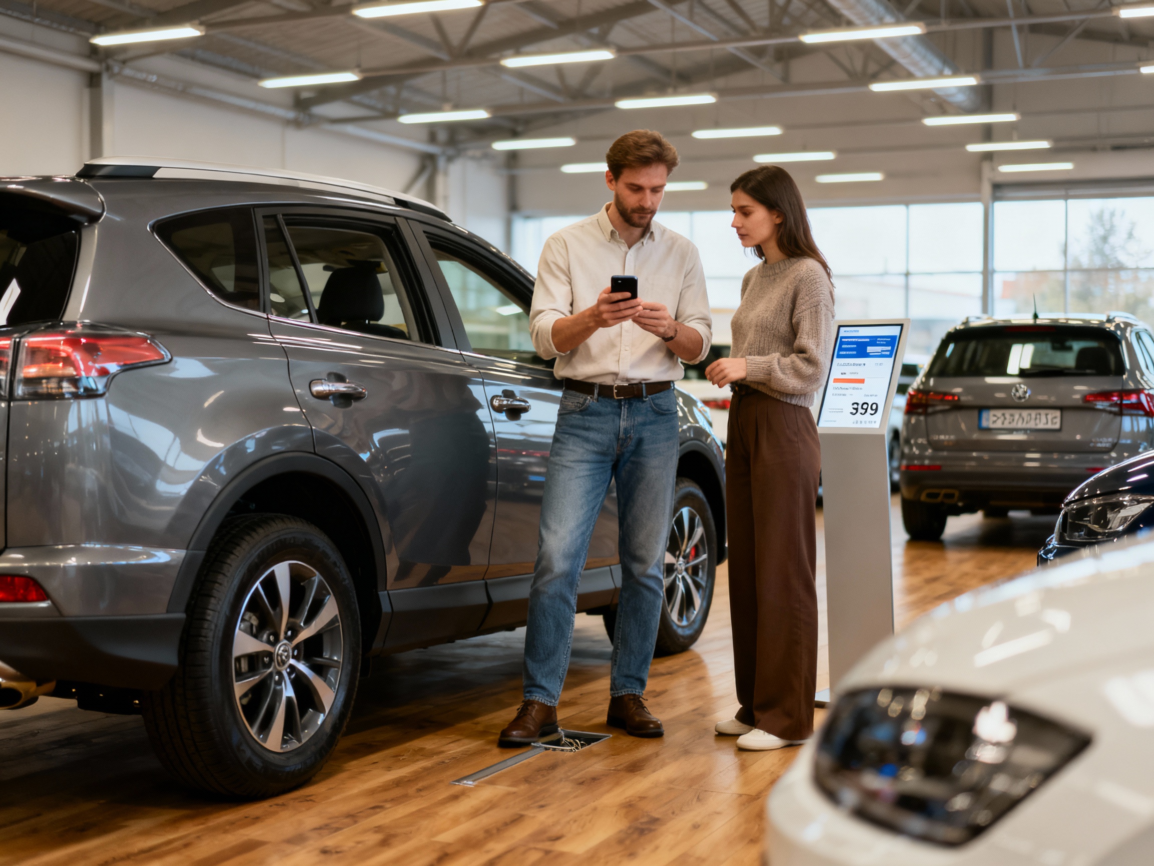 Osoba w smart casual ogląda samochód i rozmawia z pracownikiem aut skupu podczas wyceny auta osobowego na parkingu, naturalna atmosfera sprzedaży pojazdu.
