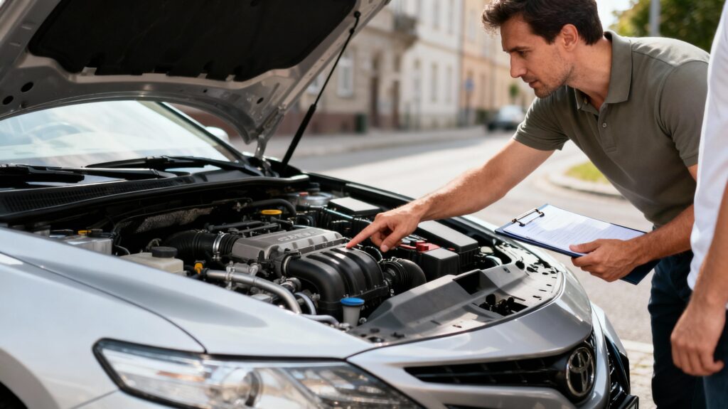 Rzeczoznawca auto skupu w Warszawie sprawdza silnik samochodu podczas profesjonalnej wyceny na ulicy