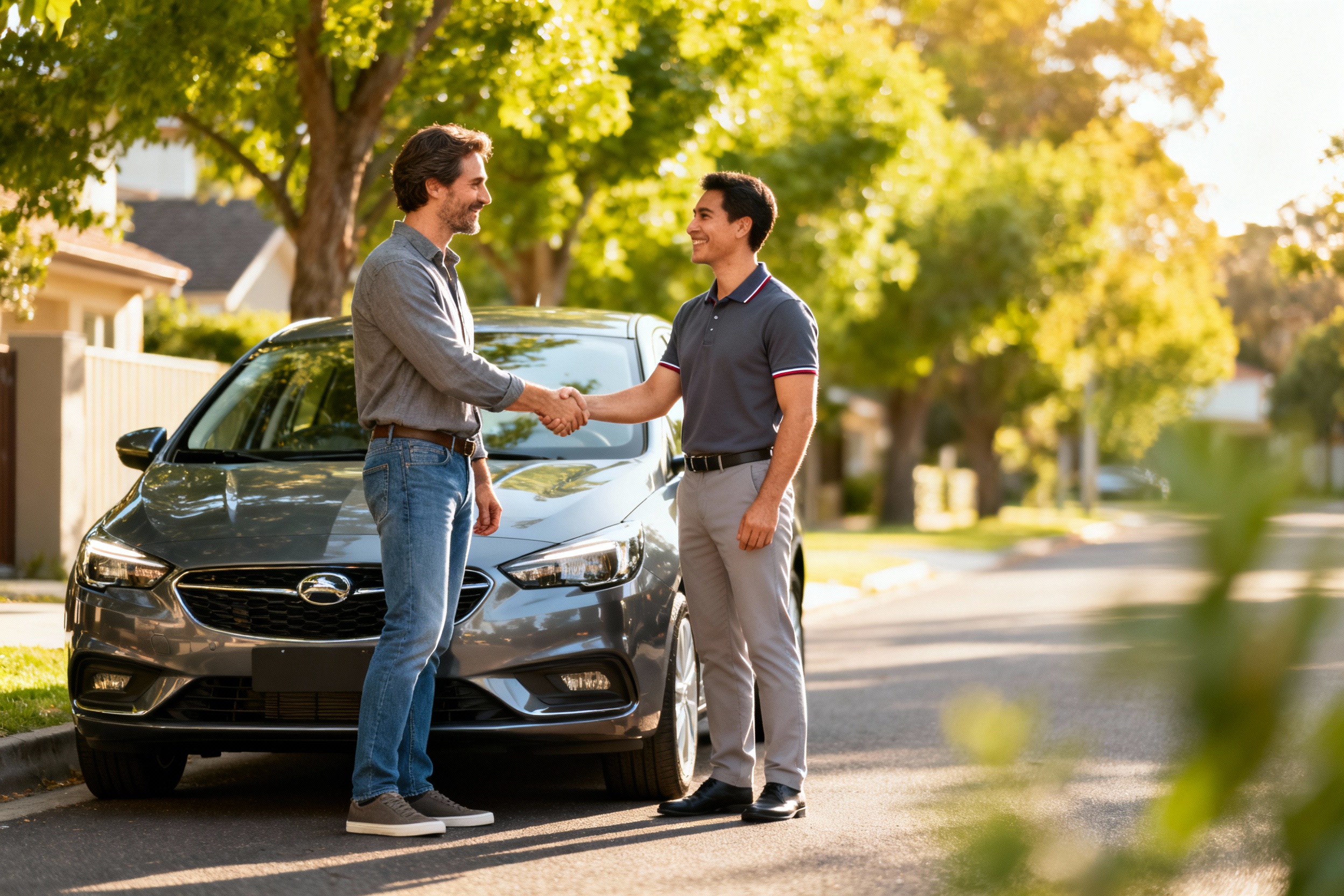 Sprzedający w stroju smart casual podaje rękę pracownikowi auto skupu obok zadbanego auta osobowego, symbol szybkiej i bezpiecznej sprzedaży samochodu w Warszawie.