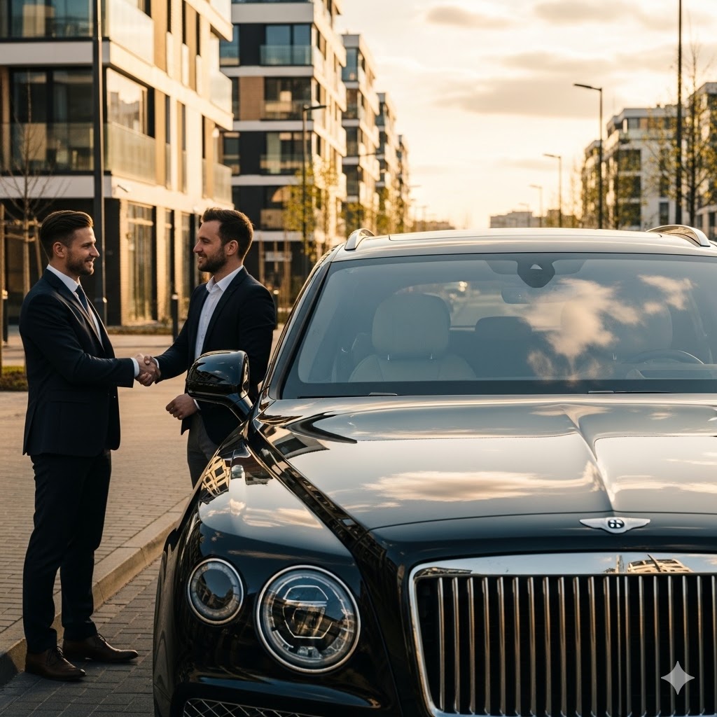Profesjonalna transakcja sprzedaży luksusowego, czarnego SUV-a w idealnym stanie wizualnym. Dwóch mężczyzn podaje sobie ręce na tle nowoczesnej architektury Miasteczka Wilanów.