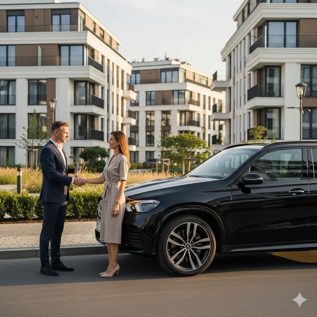 Elegancki właściciel sprzedający luksusowego czarnego SUV-a przedstawicielowi skupu aut na tle nowoczesnych apartamentowców w Miasteczku Wilanów.