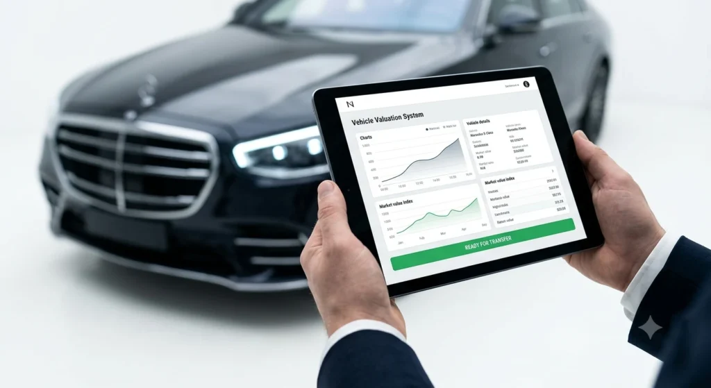 Przejrzysta wycena droższego auta na tablecie Auto Skup Warszawa Wilanów. Transparentny system.
