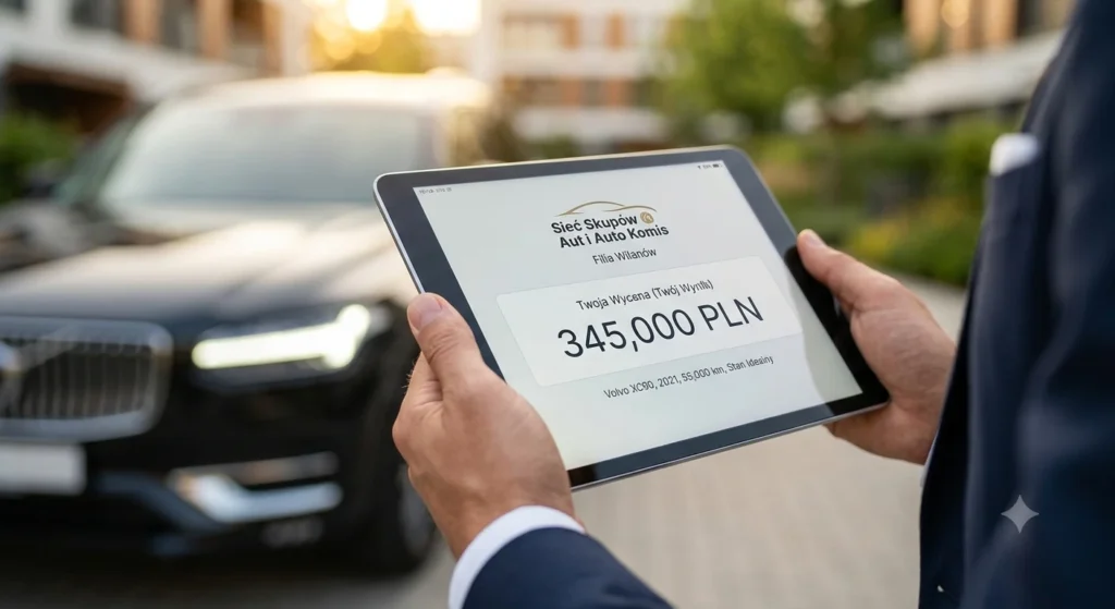 Tablet z wyceną samochodu w rękach eksperta Auto Skup Warszawa Wilanów.