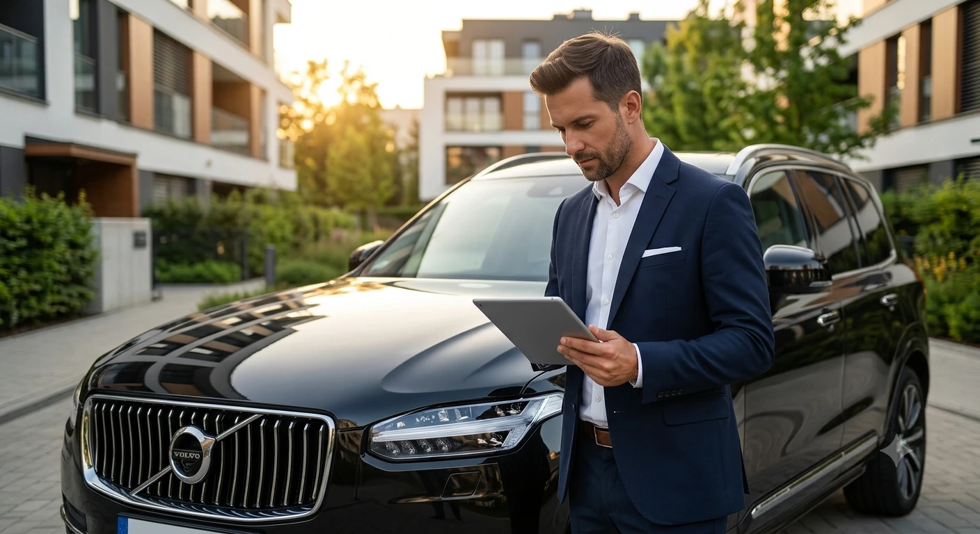 Auto Skup Warszawa Wilanów – Ekspert premium w Miasteczku Wilanów Ekspert Auto Skup Warszawa Wilanów ogląda czarnego SUV-a na tle nowoczesnych budynków.