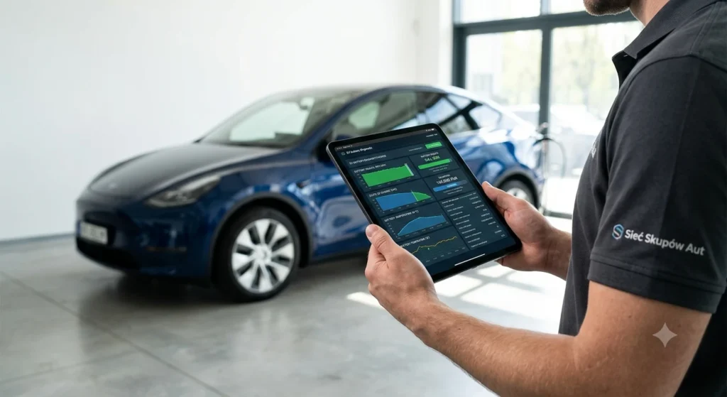 Diagnostyka baterii aut elektrycznych na tablecie. Rzetelna wycena w Auto Skup Warszawa Wilanów.