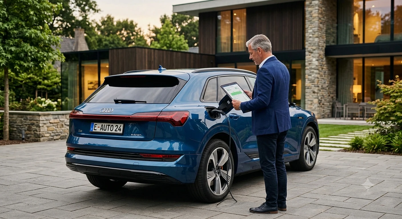 Wycena-aut-elektrycznych-Warszawa-Wilanow.jpg Ekspert wyceniający auto elektryczne przed domem na osiedlu Warszawa Wilanów, wycena hybryd.