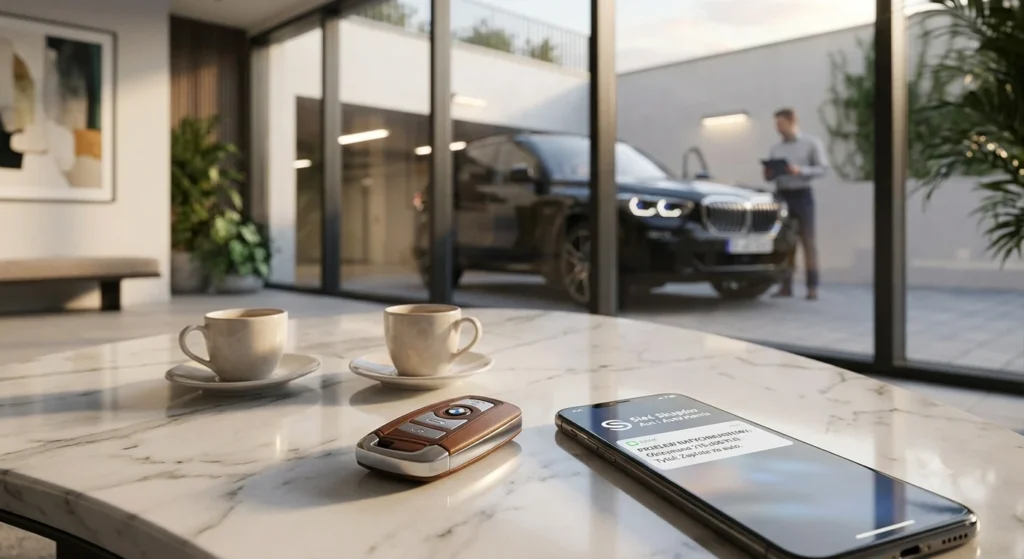 Kluczyk do auta i telefon z potwierdzeniem przelewu od Auto Skup Warszawa Wilanów.