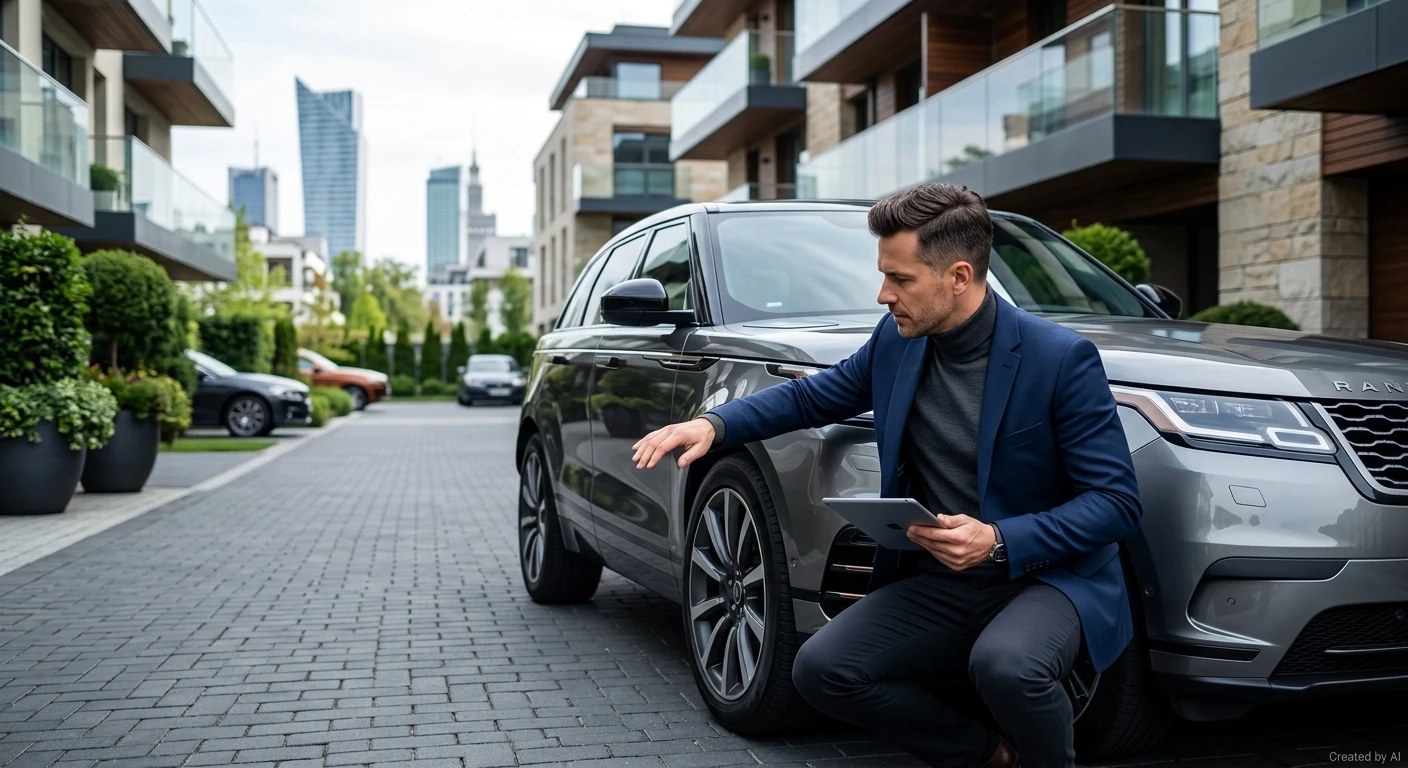 Ekspert Auto Skup Warszawa Wilanów ogląda SUV Ekspert skupu aut Warszawa Wilanów sprawdza rysy na luksusowym SUV-ie przed sprzedażą.
