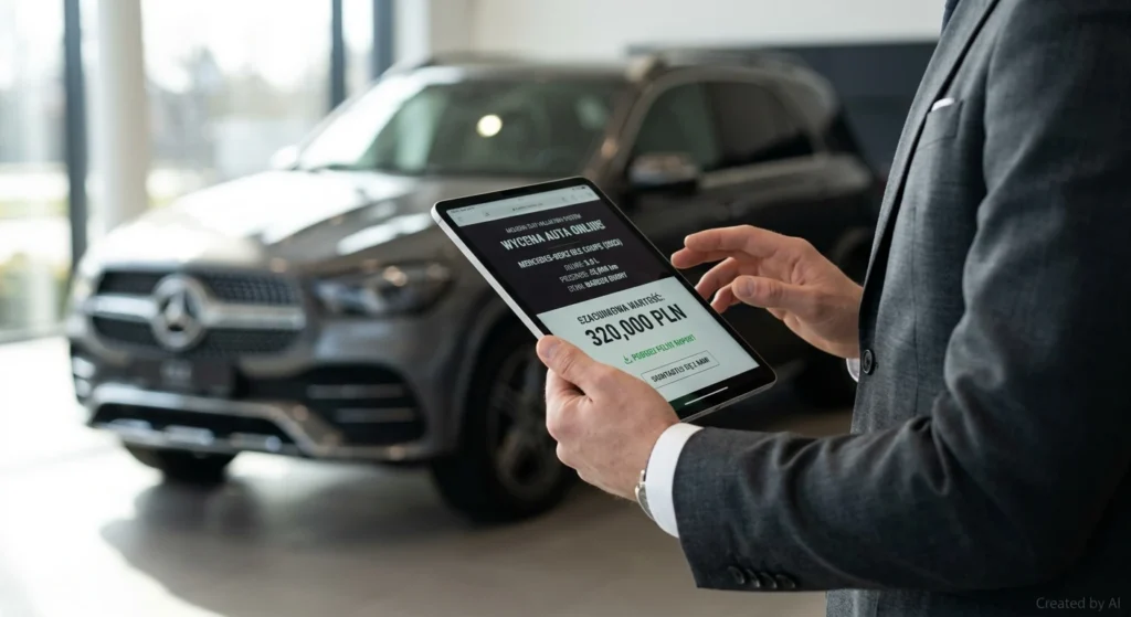 Wycena online luksusowego SUV-a w Auto Skup Warszawa Wilanów, system na tablecie.