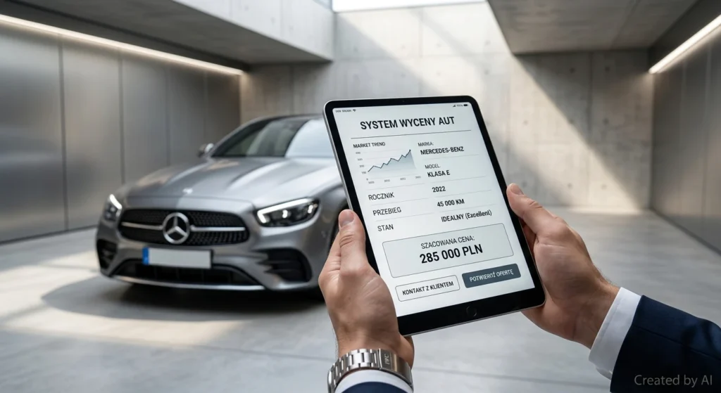 Zbliżenie na tablet z nowoczesnym systemem wyceny aut w Auto Skup Warszawa Wilanów, pokazujący rzetelną ofertę.