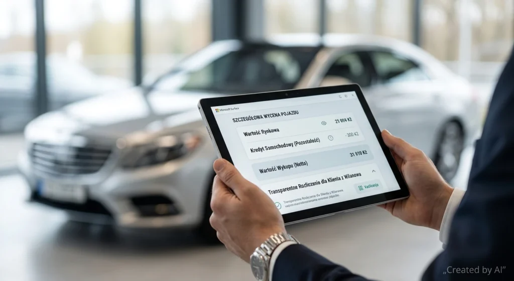 Tablet z cyfrową wyceną transparentnie pokazuje rozliczenie kredytu w Auto Skup Warszawa Wilanów.